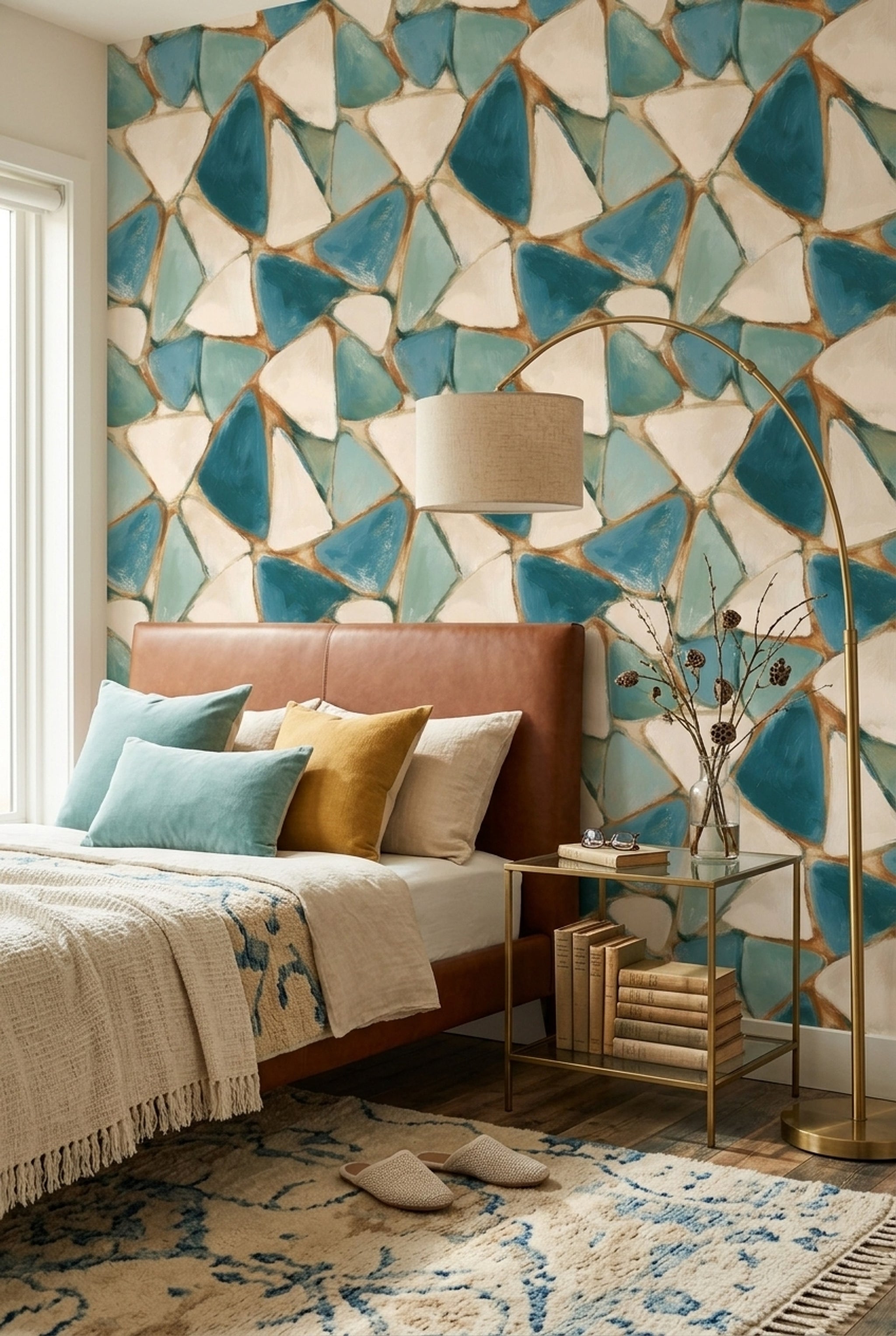 Geometrik Seramik Desenli Duvar Kağıdı Turkuaz Salon Dekoru