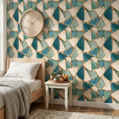 Geometrik Seramik Desenli Duvar Kağıdı Turkuaz Salon Dekoru