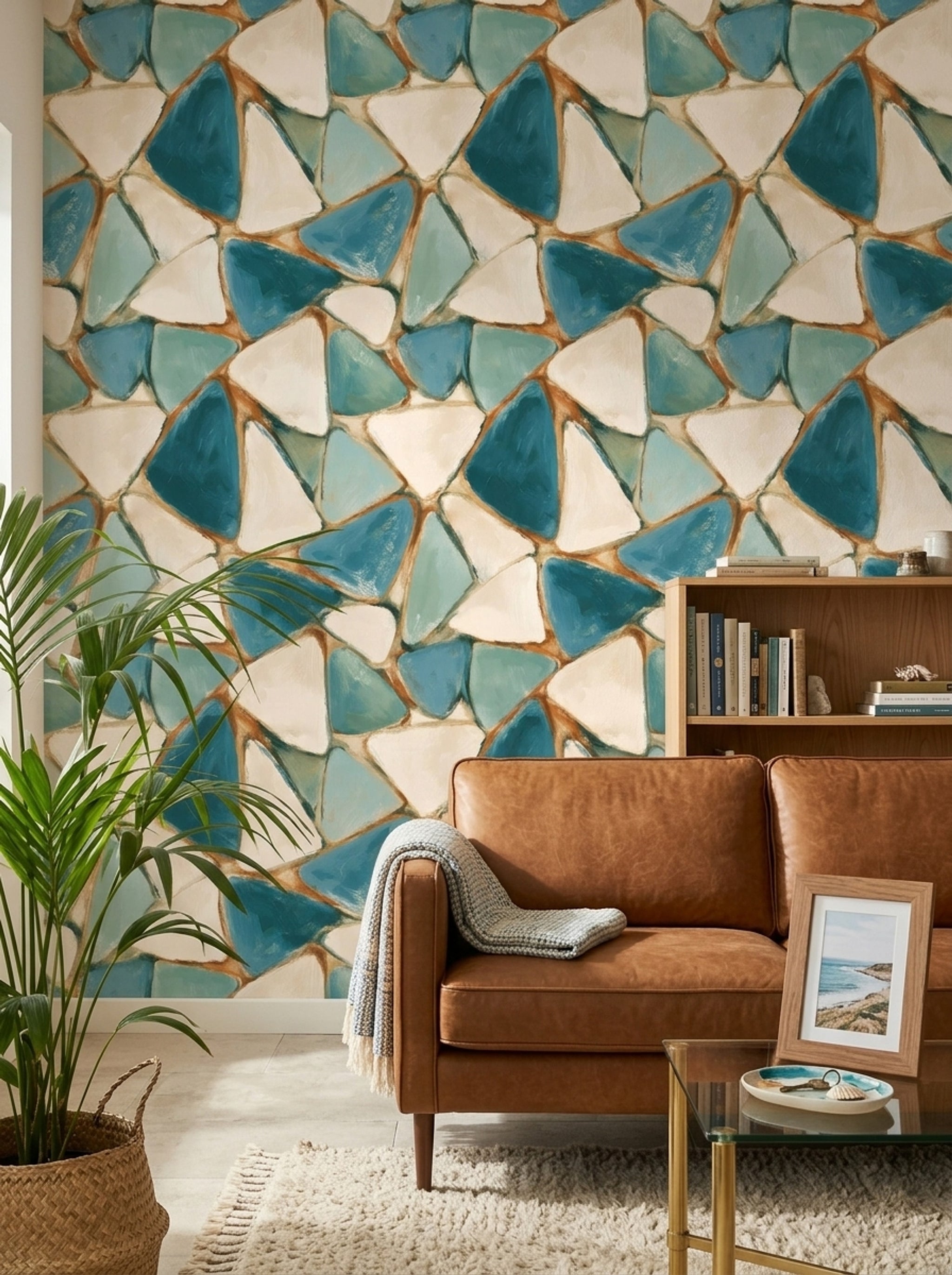 Geometrik Seramik Desenli Duvar Kağıdı Turkuaz Salon Dekoru