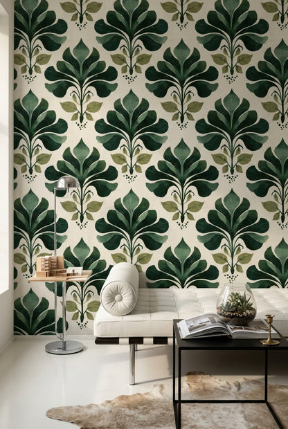 Art Deco Yapraklı Duvar Kağıdı Yeşil Desenli Salon
