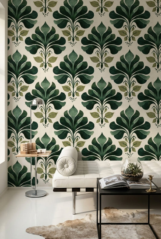 Art Deco Yapraklı Duvar Kağıdı Yeşil Desenli Salon