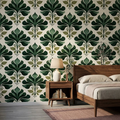 Art Deco Yapraklı Duvar Kağıdı Yeşil Desenli Salon
