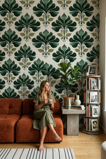 Art Deco Yapraklı Duvar Kağıdı Yeşil Desenli Salon