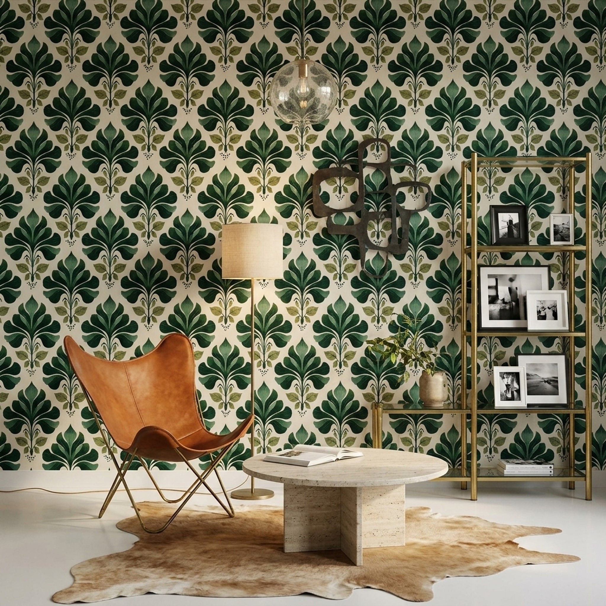 Art Deco Yapraklı Duvar Kağıdı Yeşil Desenli Salon