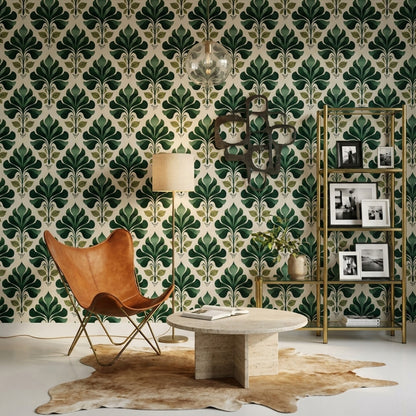 Art Deco Yapraklı Duvar Kağıdı Yeşil Desenli Salon