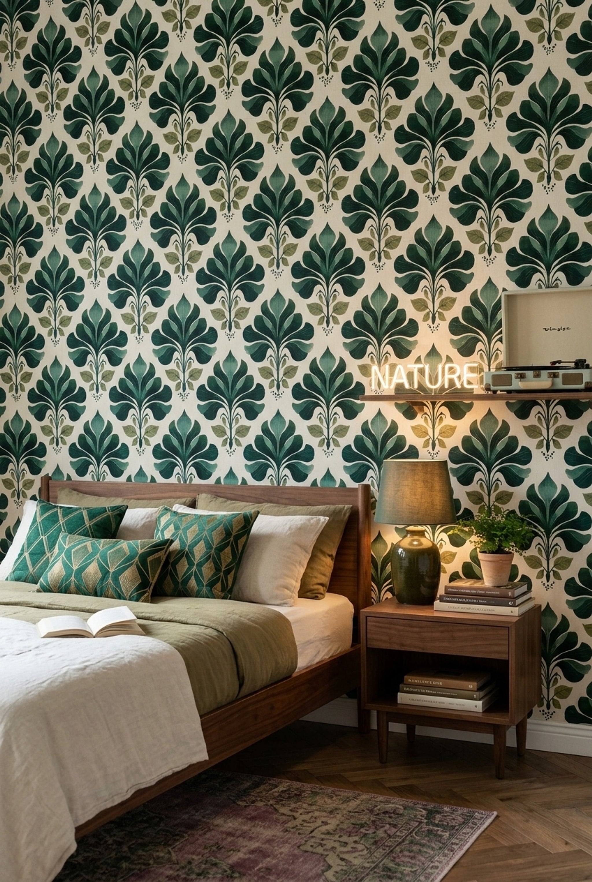 Art Deco Yapraklı Duvar Kağıdı Yeşil Desenli Salon
