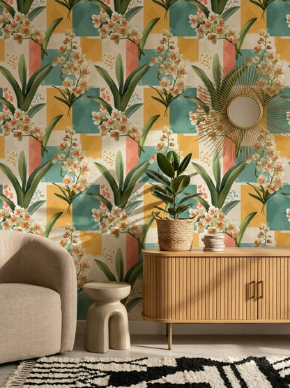 Geometrik Botanik Çiçekli Duvar Kağıdı Yeşil Sarı Salon