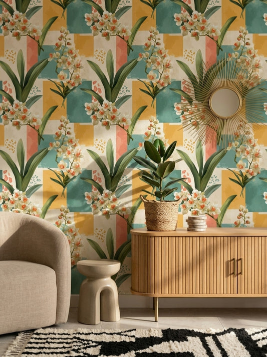Geometrik Botanik Çiçekli Duvar Kağıdı Yeşil Sarı Salon