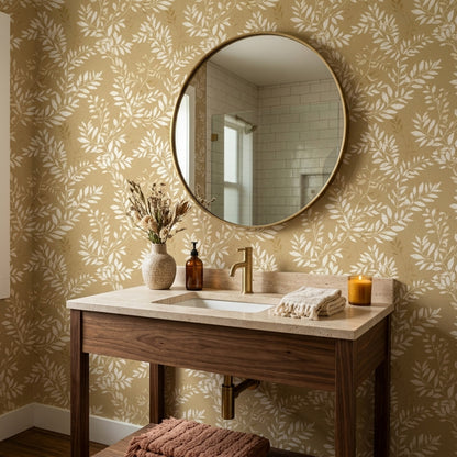 Bej Zemin Beyaz Yaprak Desenli Duvar Kağıdı Salon