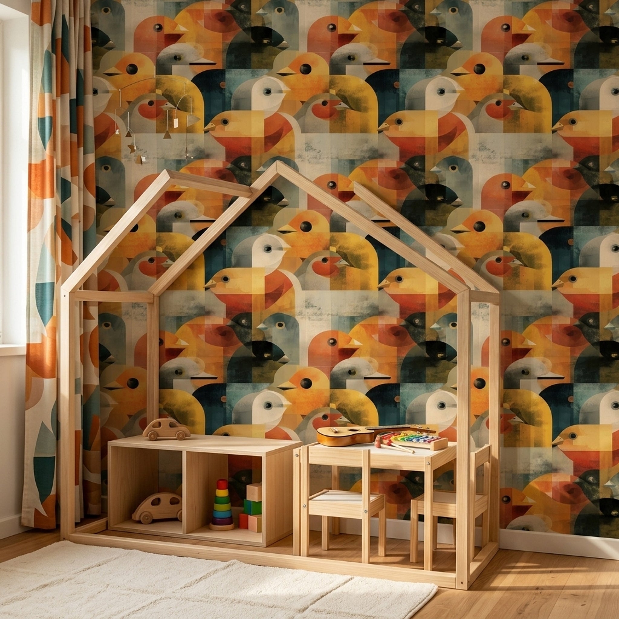 Geometrik Kuş Desenli Duvar Kağıdı Turuncu Sarı Salon