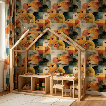 Geometrik Kuş Desenli Duvar Kağıdı Turuncu Sarı Salon