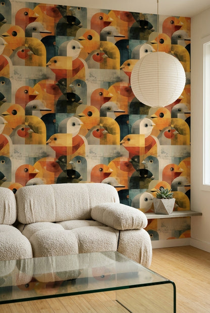 Geometrik Kuş Desenli Duvar Kağıdı Turuncu Sarı Salon