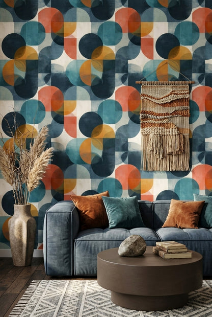 Geometrik Daire Desenli Duvar Kağıdı Lacivert Turuncu Salon