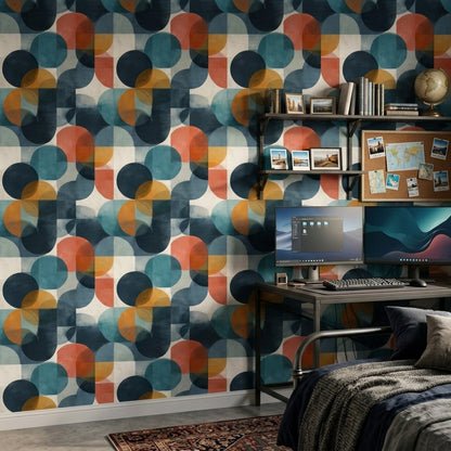 Geometrik Daire Desenli Duvar Kağıdı Lacivert Turuncu Salon