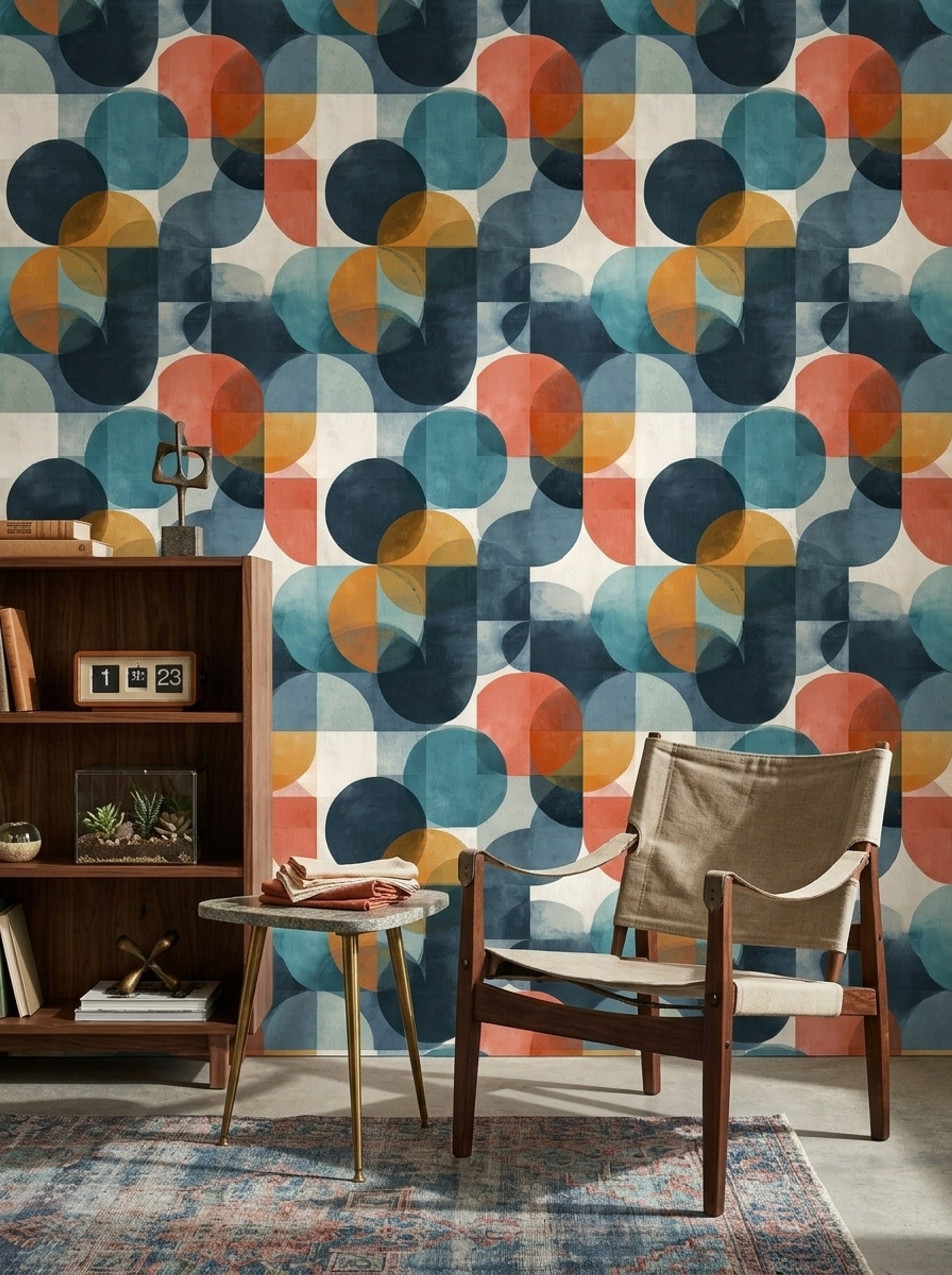 Geometrik Daire Desenli Duvar Kağıdı Lacivert Turuncu Salon