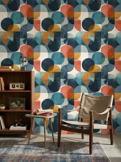 Geometrik Daire Desenli Duvar Kağıdı Lacivert Turuncu Salon
