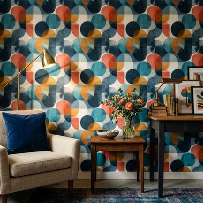 Geometrik Daire Desenli Duvar Kağıdı Lacivert Turuncu Salon
