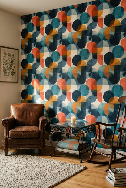 Geometrik Daire Desenli Duvar Kağıdı Lacivert Turuncu Salon