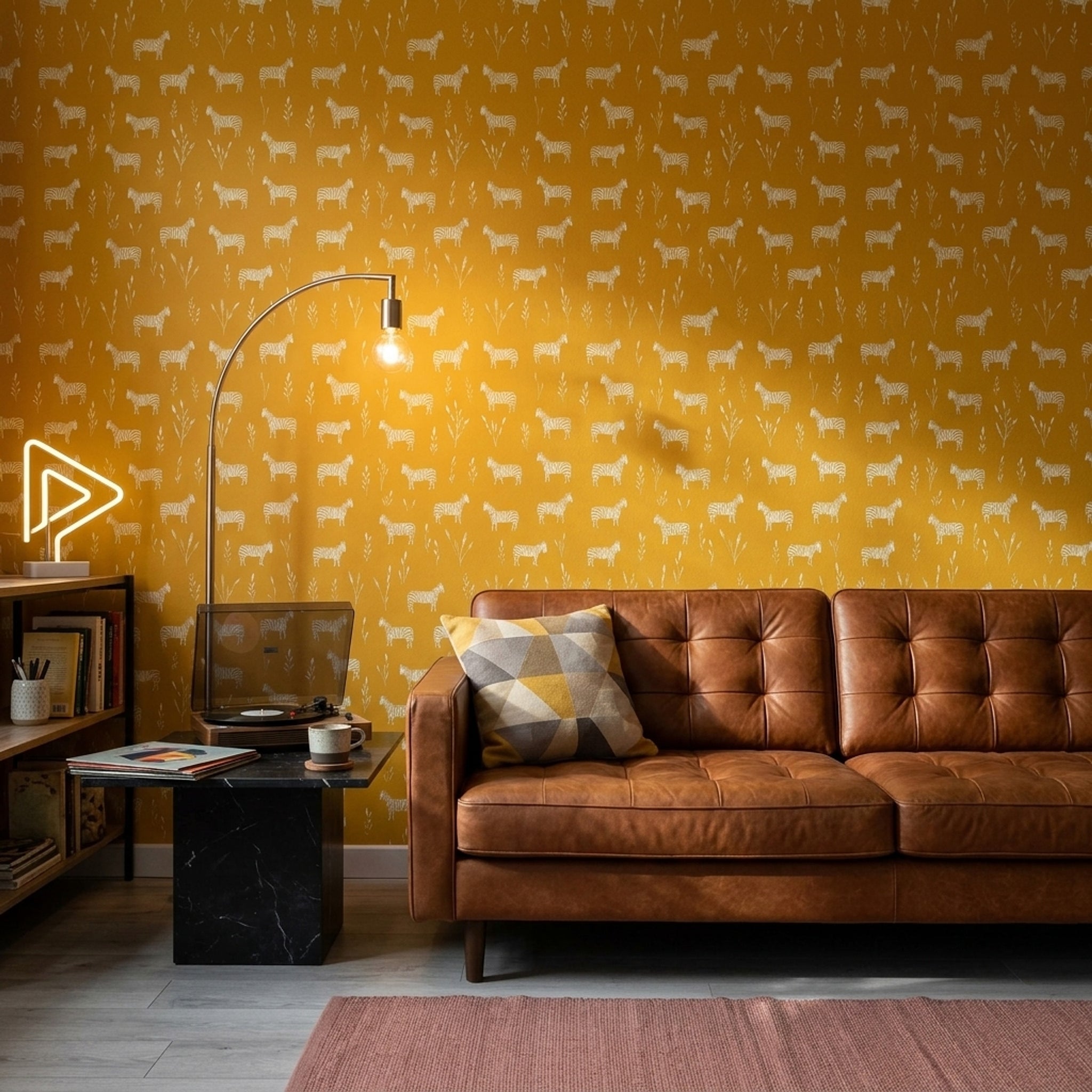 Zebra Desenli Duvar Kağıdı Hardal Sarısı Modern Salon