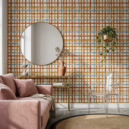 Kareli Çizgili Duvar Kağıdı Kiremit Mavi Modern Salon