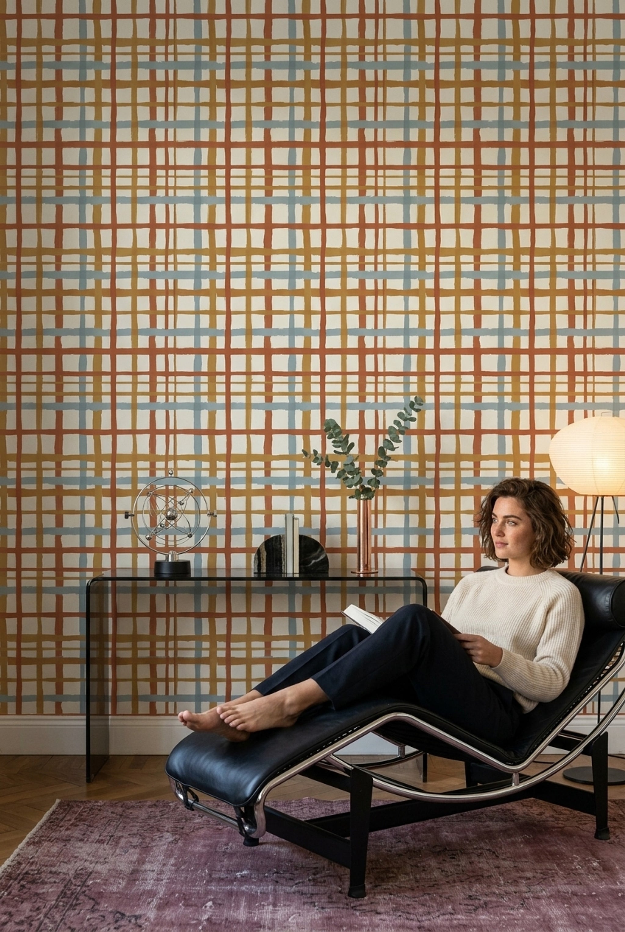 Kareli Çizgili Duvar Kağıdı Kiremit Mavi Modern Salon