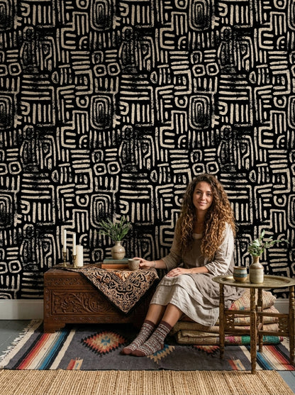 Siyah Krem Soyut Geometrik Duvar Kağıdı Modern Salon