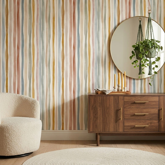 Pastel Dikey Çizgili Duvar Kağıdı Renk Geçişli Salon