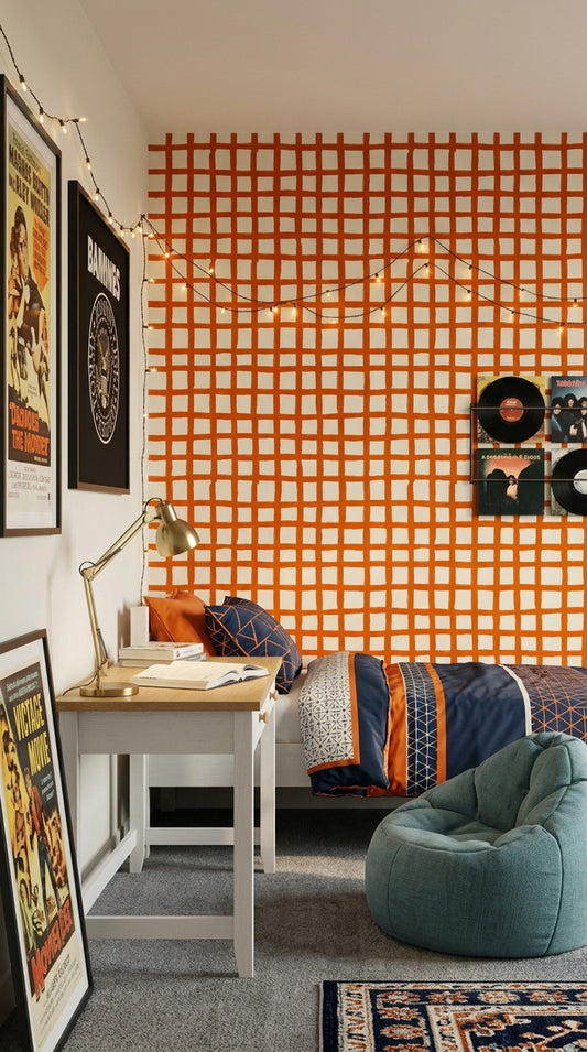 Turuncu Kareli Geometrik Duvar Kağıdı Modern Yatak Odası