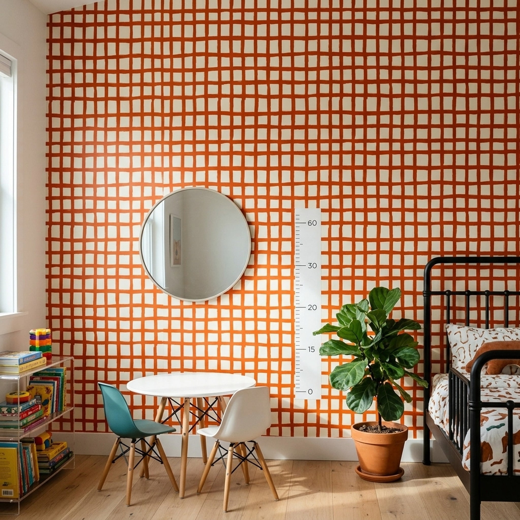 Turuncu Kareli Geometrik Duvar Kağıdı Modern Yatak Odası