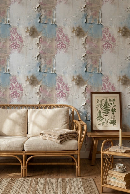 Eskitme Damask Desenli Duvar Kağıdı Mavi Krem Salon