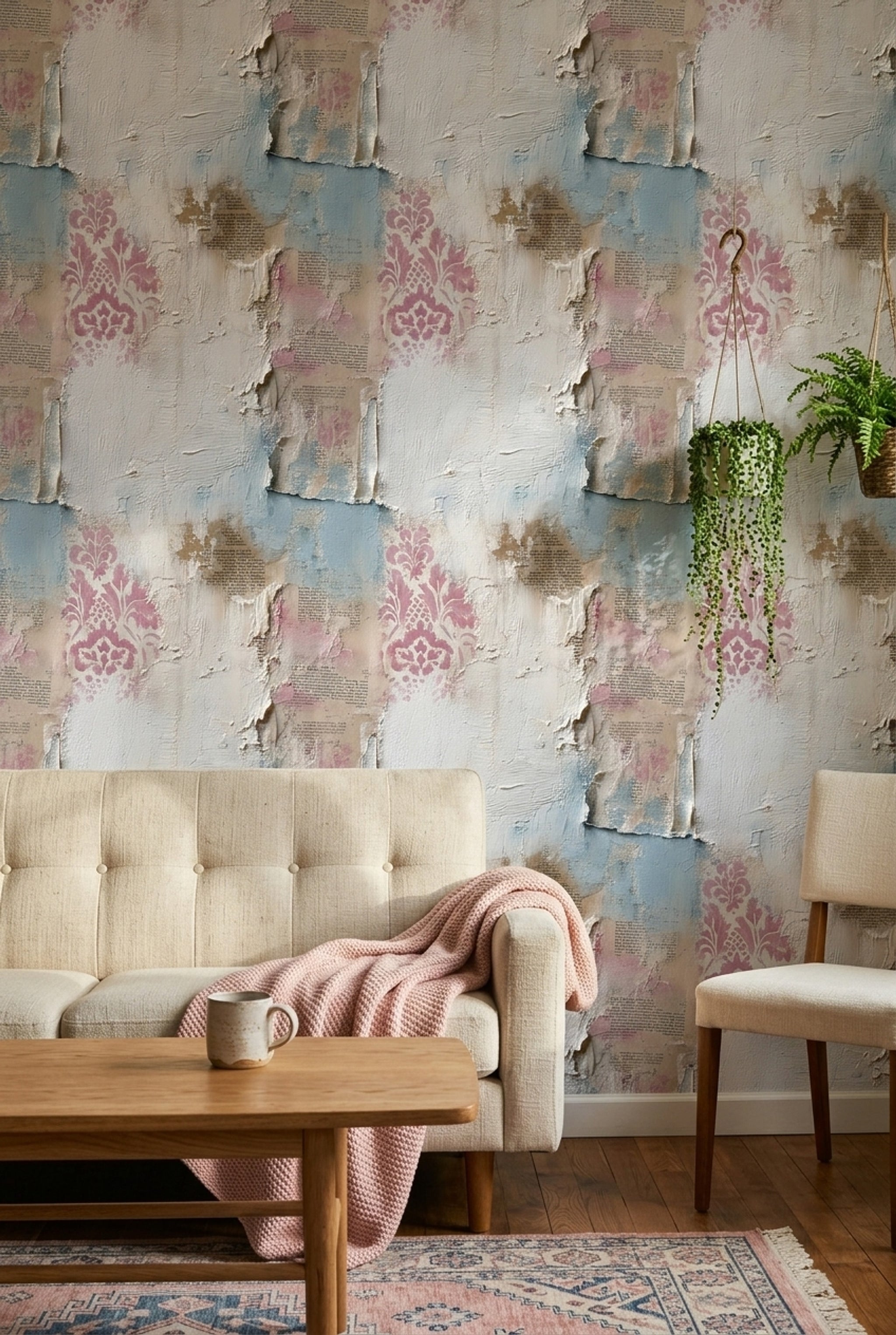 Eskitme Damask Desenli Duvar Kağıdı Mavi Krem Salon