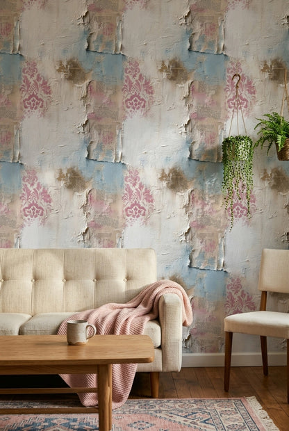 Eskitme Damask Desenli Duvar Kağıdı Mavi Krem Salon