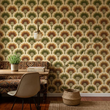 Art Deco Palmiye Yapraklı Duvar Kağıdı Bej Yeşil Desenli