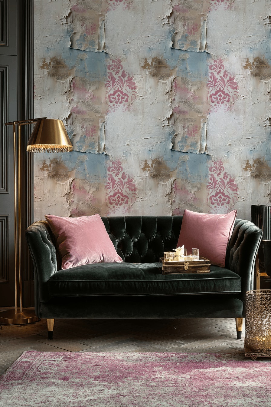 Eskitme Damask Desenli Duvar Kağıdı Mavi Krem Salon