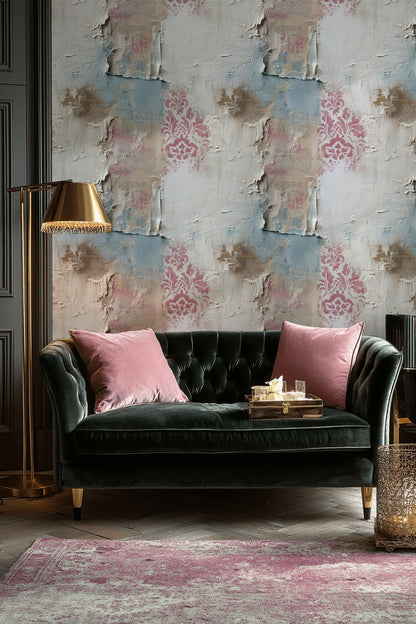 Eskitme Damask Desenli Duvar Kağıdı Mavi Krem Salon