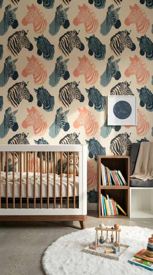 Zebra Desenli Duvar Kağıdı Lacivert Turuncu Bebek Odası
