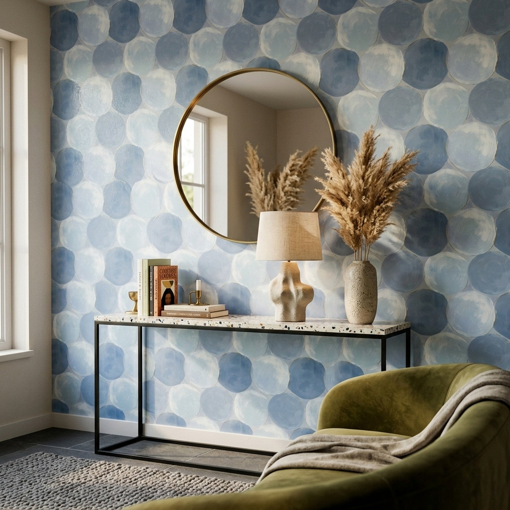 Mavi Daire Desenli Duvar Kağıdı Modern Salon Duvar Dekoru