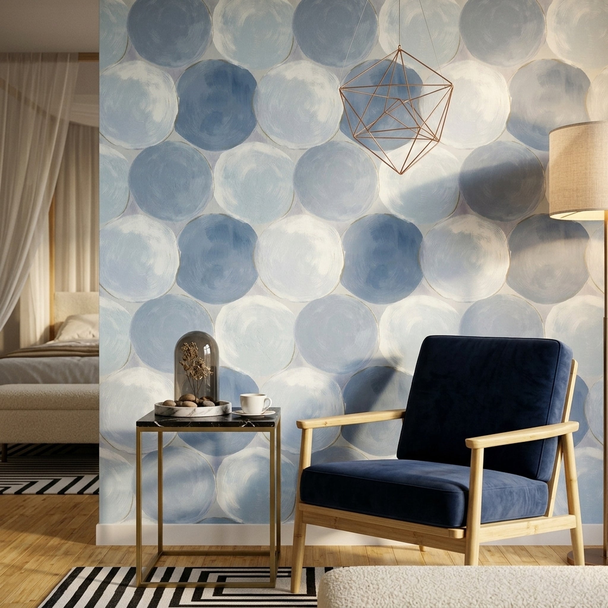 Mavi Daire Desenli Duvar Kağıdı Modern Salon Duvar Dekoru