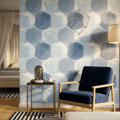 Mavi Daire Desenli Duvar Kağıdı Modern Salon Duvar Dekoru