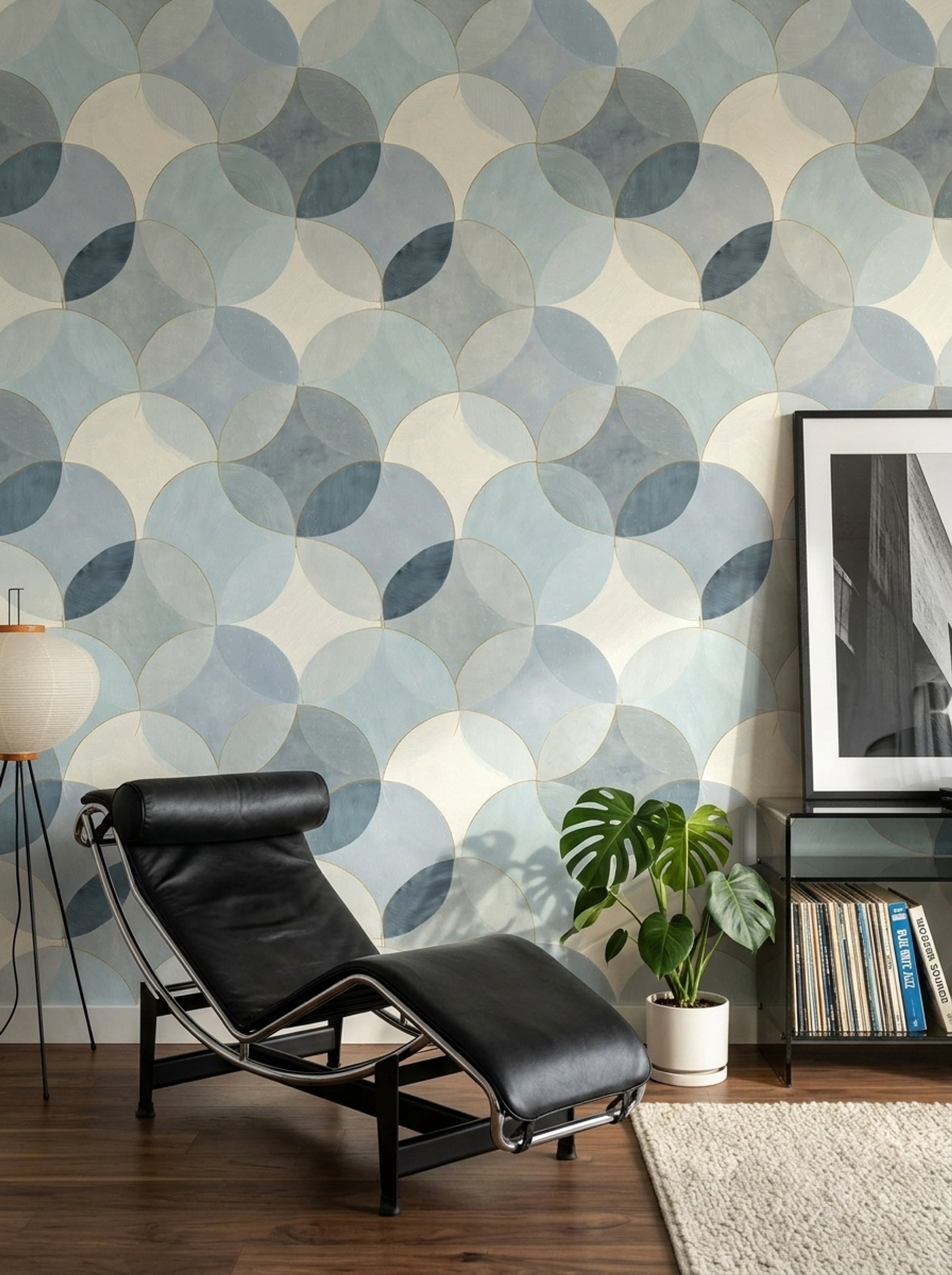 Geometrik Daire Desenli Duvar Kağıdı Mavi Krem Salon
