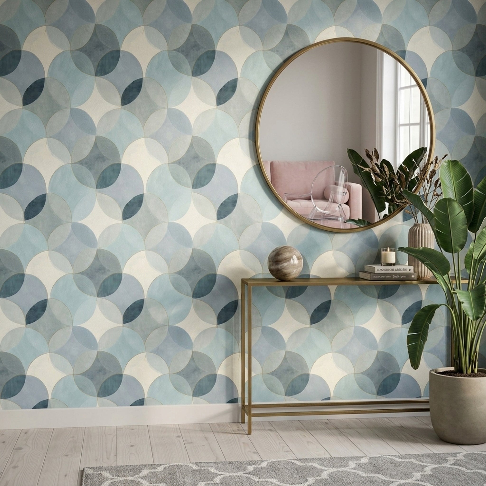 Geometrik Daire Desenli Duvar Kağıdı Mavi Krem Salon