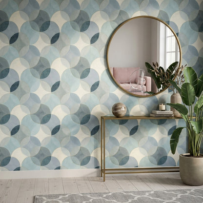 Geometrik Daire Desenli Duvar Kağıdı Mavi Krem Salon