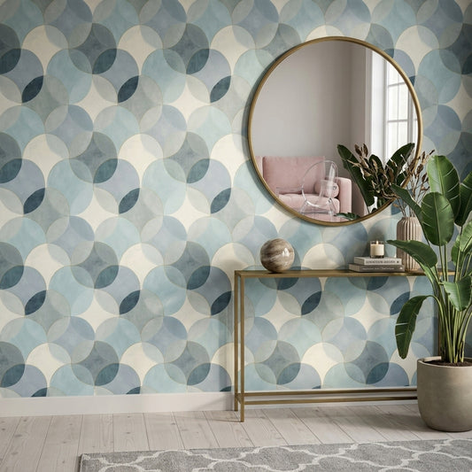Geometrik Daire Desenli Duvar Kağıdı Mavi Krem Salon