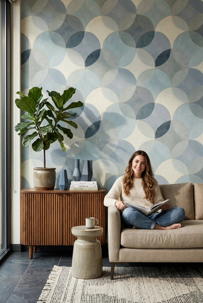 Geometrik Daire Desenli Duvar Kağıdı Mavi Krem Salon
