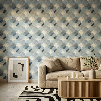 Geometrik Daire Desenli Duvar Kağıdı Mavi Krem Salon