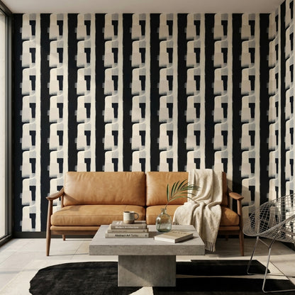 Soyut Geometrik Duvar Kağıdı Siyah Krem Desenli Salon