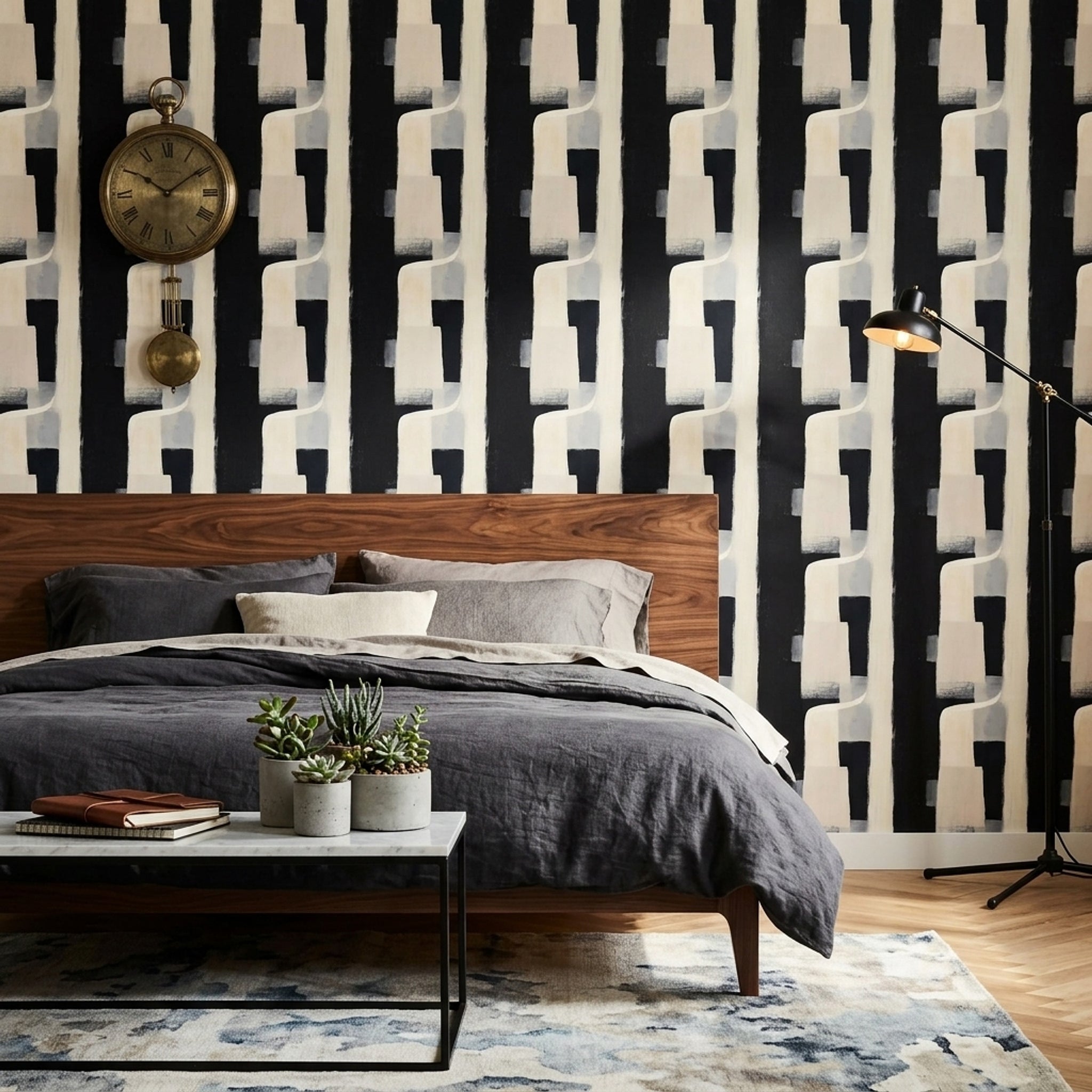 Soyut Geometrik Duvar Kağıdı Siyah Krem Desenli Salon