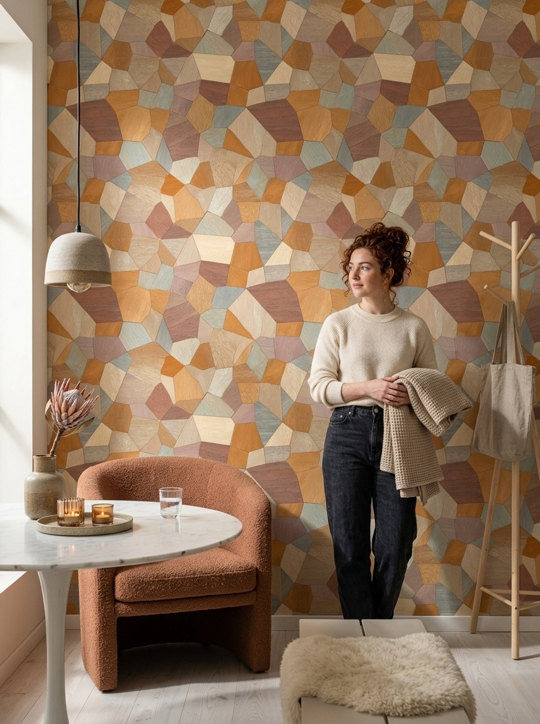 Ahşap Görünümlü Geometrik Duvar Kağıdı Bej Kahverengi Salon