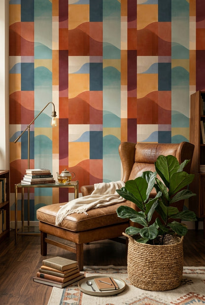 Retro Geometrik Duvar Kağıdı Turuncu Mavi Desenli Salon