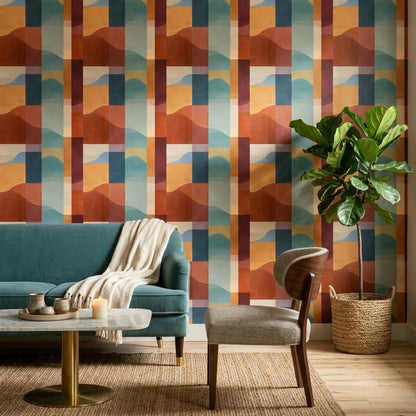 Retro Geometrik Duvar Kağıdı Turuncu Mavi Desenli Salon